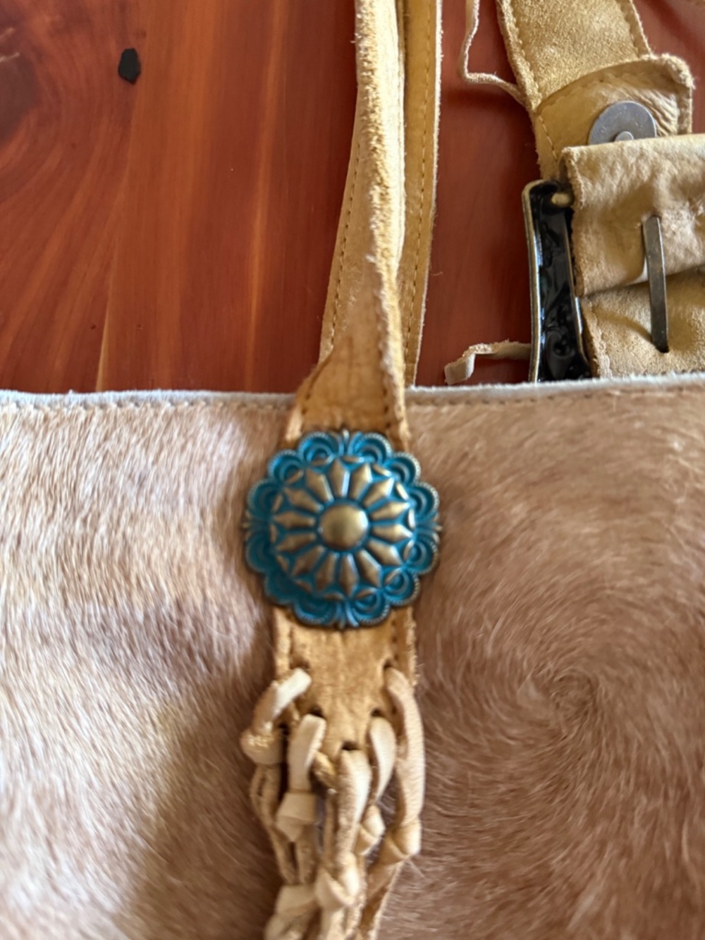 hand made leather cowhide tooled stitched fringe tote - Picture 8 of 9